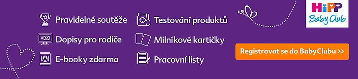 Propagační banner pro "HiPP Baby Club" s fialovým pozadím, bílými ikonami a textem a oranžovým tlačítkem vyzývajícím k registraci.