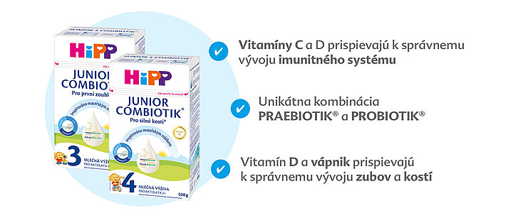 Tri škatule výrobku s názvom "Junior Combiotik", s etiketami v cudzom jazyku a tromi zvýraznenými vlastnosťami: prítomnosťou vitamínu D, jedinečnou kombináciou prebiotík a obsahom probiotík.