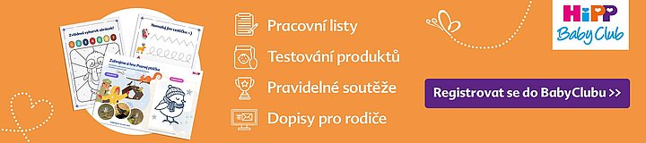 Propagační banner pro "HiPP Baby Club" se čtyřmi ikonami představujícími různé funkce nebo služby, doplněný tlačítkem s výzvou k akci vybízejícím k registraci.