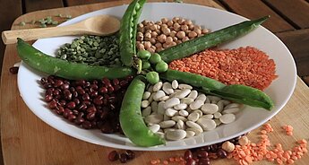 Na bílém talíři jsou různé druhy luštěnin a zeleniny, včetně zeleného hrášku, červených fazolí, bílých fazolí, cizrny a oranžové čočky, uspořádané do paprskovitého vzoru s dřevěnou lžící položenou na talíři.
