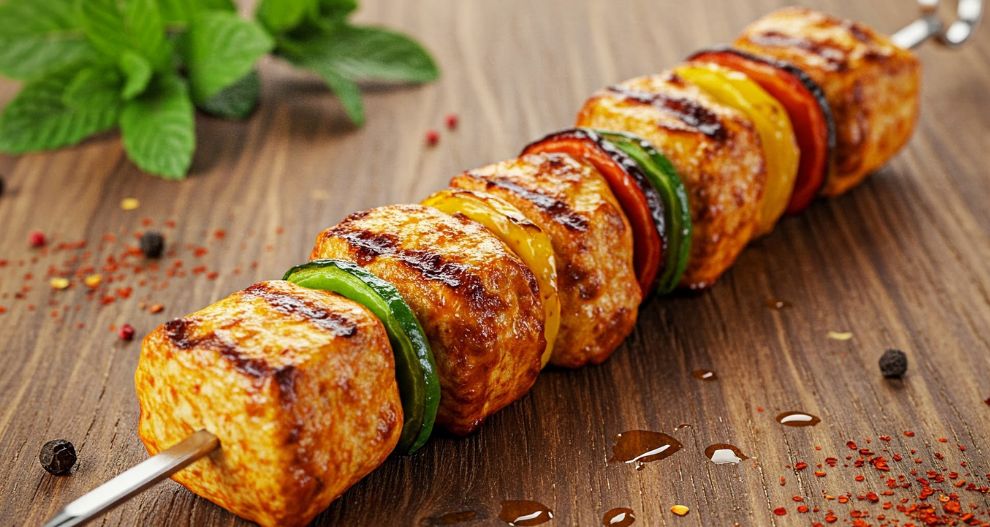 Grilovaný pokrm na špejli se střídavými kousky masa a zeleniny, který se podává na dřevěném povrchu s čerstvými bylinkami a kořením.