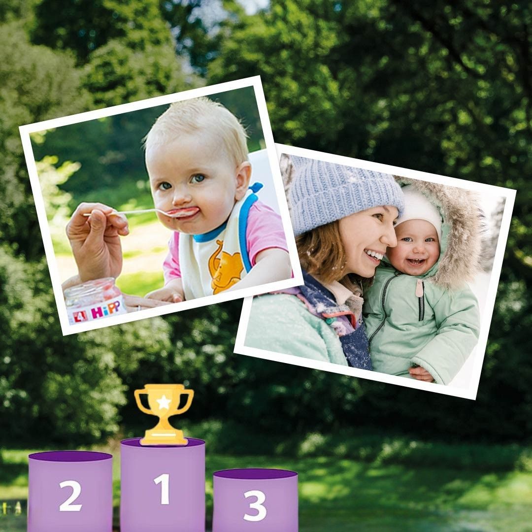 Dvě fotografie dítěte v různých prostředích jsou překryty zeleným pozadím s grafikou trofeje a očíslovanými stupni vítězů.