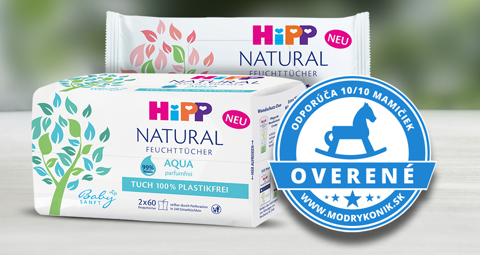 Balení dětských ubrousků se štítkem "Natural" a modrým odznakem s houpacím koněm.