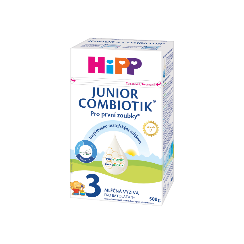 HiPP 3 Junior Combiotik Krabice s produktem pro děti hipp junior combiotik s číslem 3 na přední straně, které označuje stupeň nebo věkovou skupinu, a označením hmotnosti 500 g.