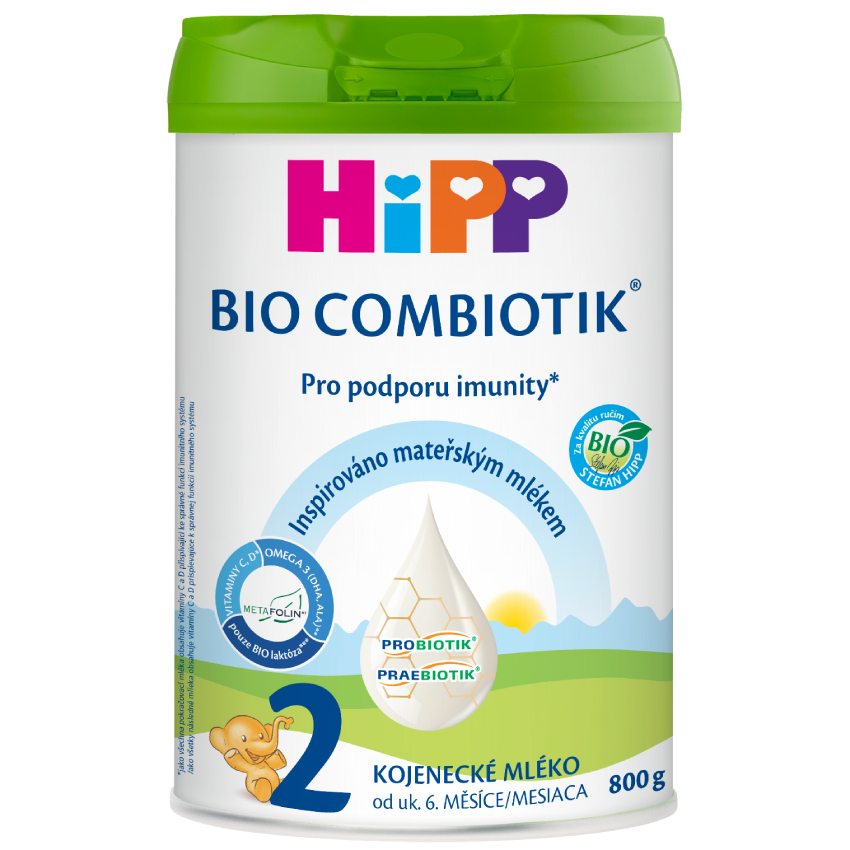 Balení kojenecké výživy Hipp Bio Combiotik, 2. fáze, se zaměřením na probiotika a omega-3 mastné kyseliny, s českým označením.