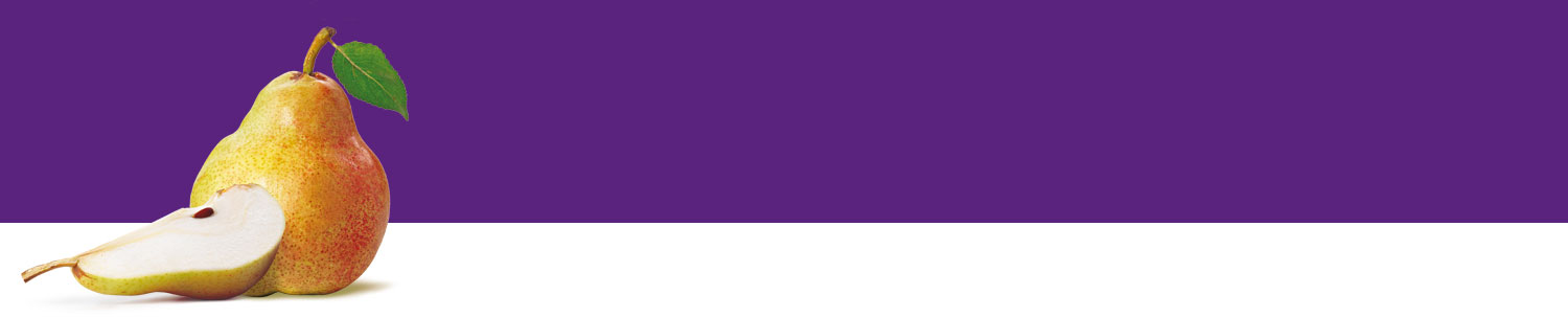 A pear with a slice cut out is presented against a purple background.