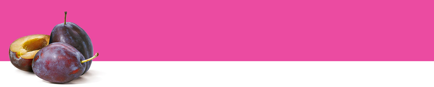 Three plums are displayed against a pink background.