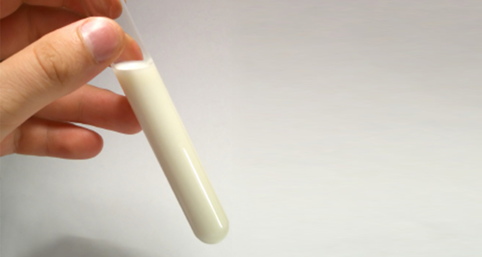 A hand holds a test tube containing a white liquid.