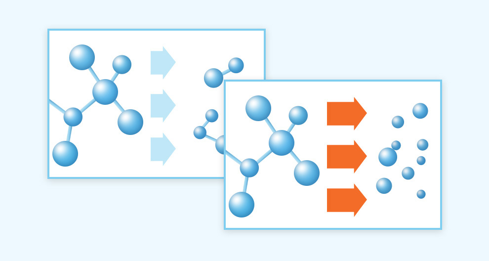 Two molecular structures are shown, with one having a larger number of atoms and the other a smaller number.