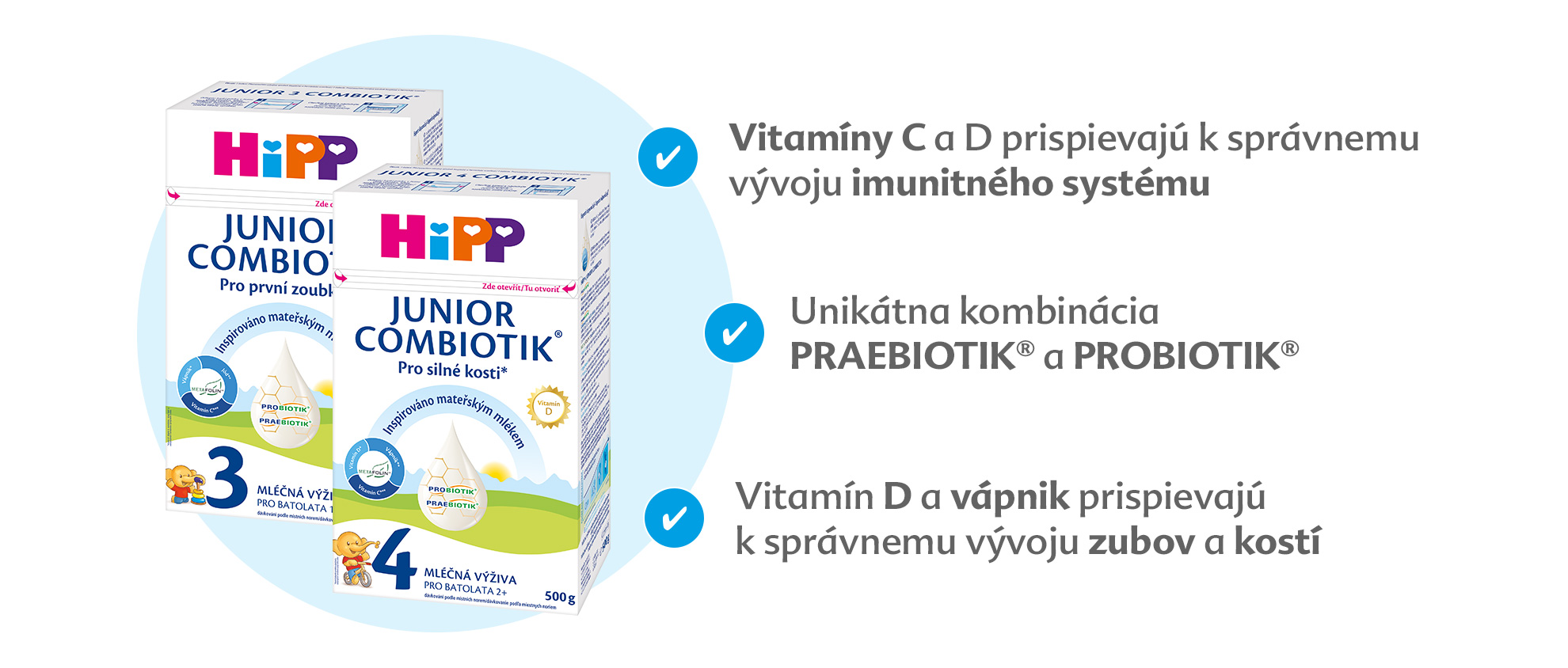 Tri škatule výrobku s názvom "Junior Combiotik", s etiketami v cudzom jazyku a tromi zvýraznenými vlastnosťami: prítomnosťou vitamínu D, jedinečnou kombináciou prebiotík a obsahom probiotík.