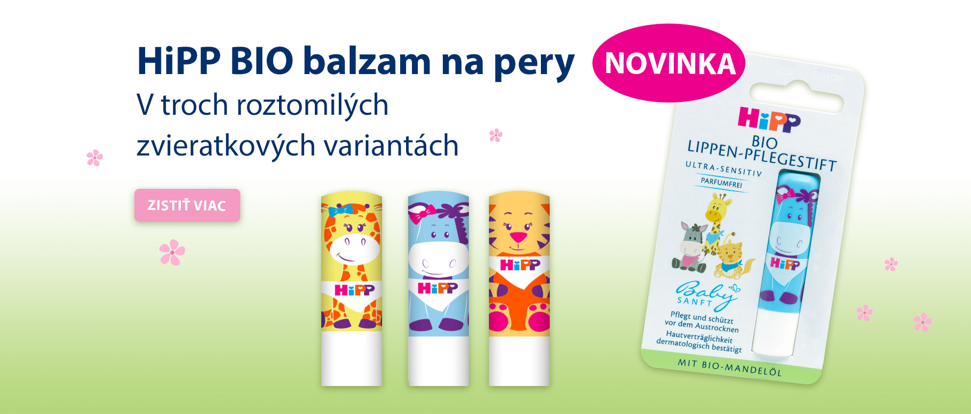 Reklamný banner na výrobok s názvom "HiPP BIO balzam na pery", ktorý vyzerá ako sada troch balzamov pre deti, pričom každý z nich má na obale iný zvierací dizajn.