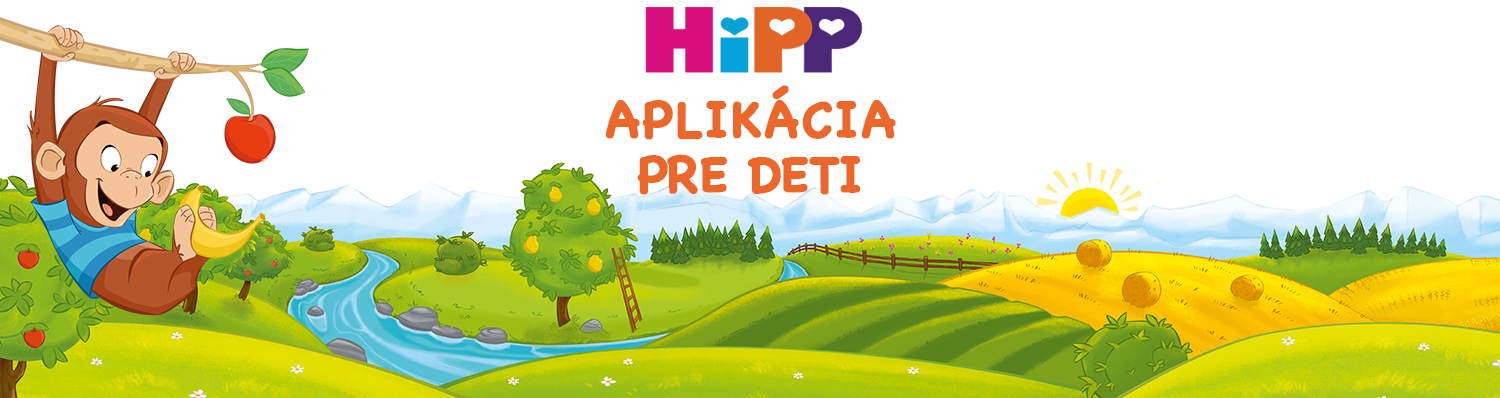 Na pozadí sviežej krajiny s riekou, kopcami a východom slnka sa na konári stromu hojdá opica, ktorá drží banán a jablko.