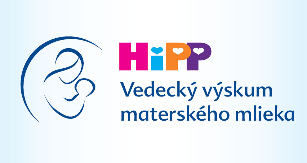 Štylizované vyobrazenie objímajúcej sa matky a dieťaťa sprevádzané textom "HiPP" a "Vedecky vyskum materskeho mlieka", čo naznačuje zameranie značky HiPP na výskum materského mlieka.