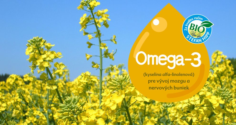 Žiarivo žlté repkové pole s veľkou centrálnou grafikou kvapky s nápisom "Omega-3" a bio certifikátom.