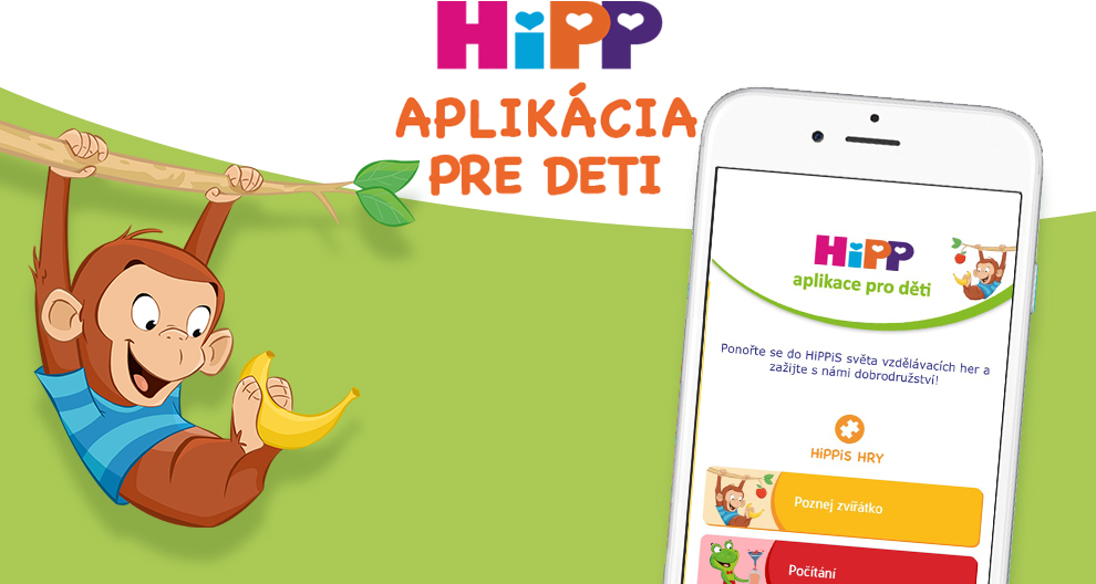 Na mobilnom telefóne sa zobrazí detská aplikácia s názvom "HiPP", na ktorej je vľavo kreslená opička držiaca banán.