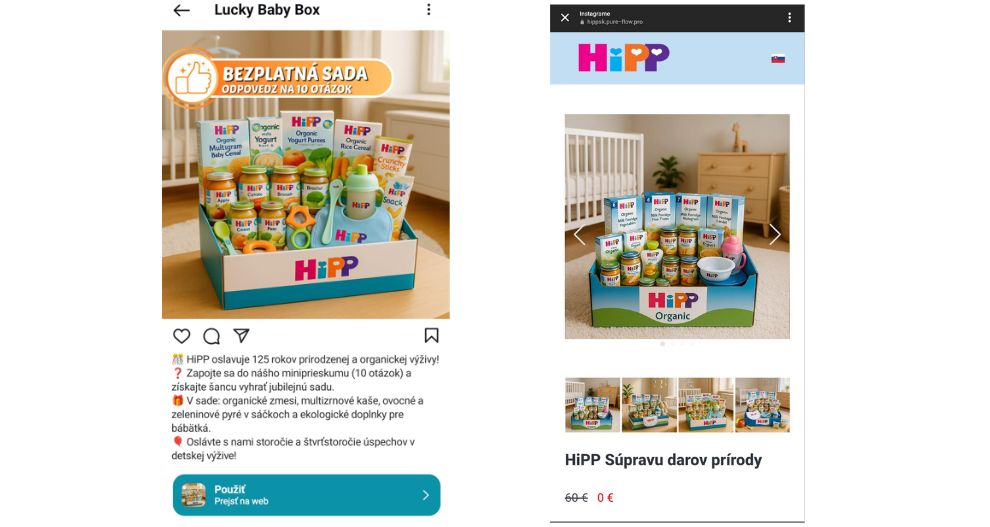 Propagačná reklama na "Lucky Baby Box" značky "HiPP", ktorá obsahuje rôzne výrobky a príslušenstvo pre deti.