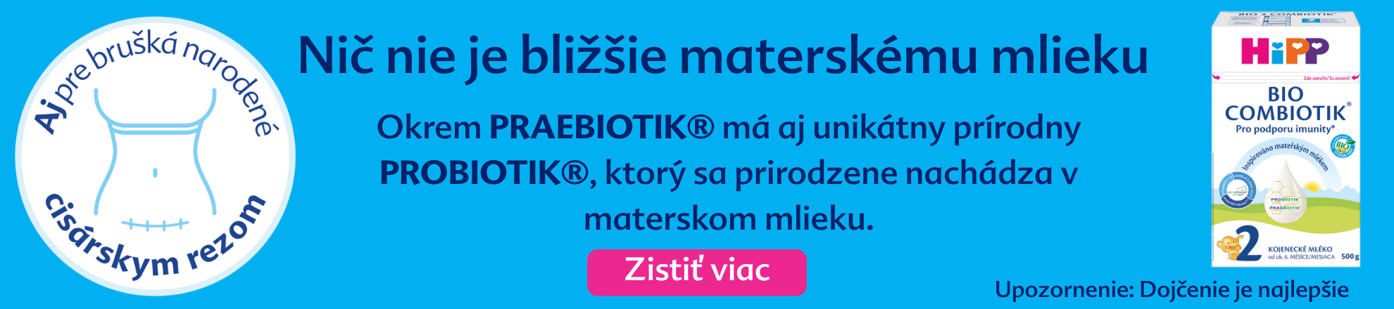 Modré pozadie s bielym kruhovým logom na ľavej strane, textový banner v strede a rámček s produktom na pravej strane.