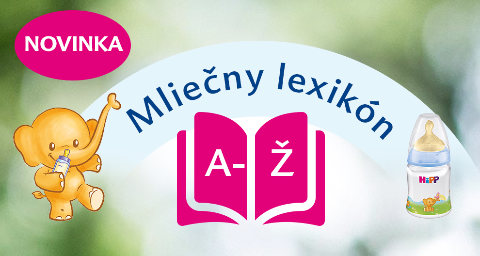 Kreslený slon držiaci dojčenskú fľašu stojí vedľa knihy s názvom "Mliečny lexikón" a grafikou dojčenskej fľaše vpravo.