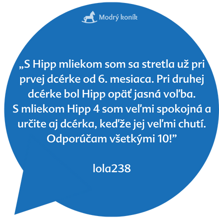 Modrá bublina obsahuje textový citát, ktorý je pripisovaný "lola238" zo stránky "Modrý koníček" a rozoberá humornú anekdotu o psovi menom Hipp.