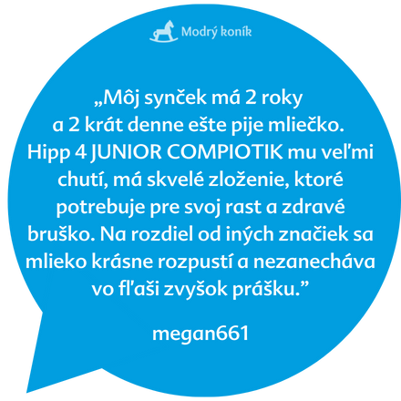Modrá rečová bublina obsahuje svedectvo v češtine o pozitívnej skúsenosti s produktom alebo službou s názvom "Hipp 4 JUNIOR COMPIOTIK", ktoré je pripísané používateľovi s menom "megan661".