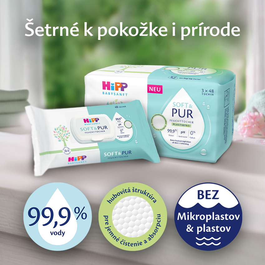 Propagačný banner pre detský výrobok s názvom "HiPP BABYSANFT SOFT & PUR" so zameraním na 99,9 % obsah vody, s veľkým balením a menším vzorkovým balením, obe s čistým a minimalistickým dizajnom.