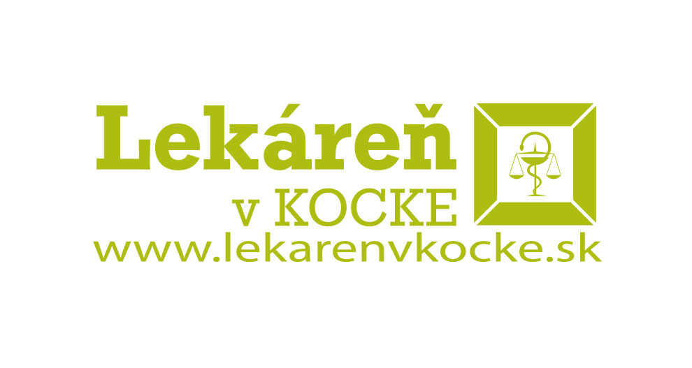 Logo s textom "Lekáren" napísaným tučným čiernym písmom, za ktorým nasleduje "v KOCKE" a webová adresa "www.lekarenvkocke.sk".