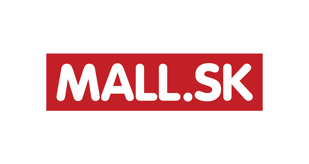 Červený obdĺžnikový nápis s bielym textom "MALL.SK" v strede.