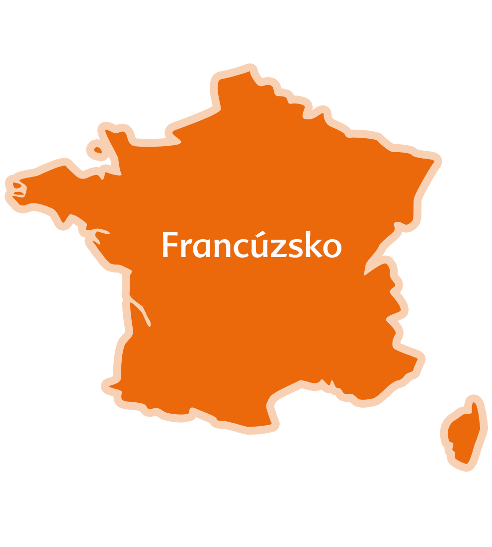 Silueta geografického tvaru Francúzska s nápisom "Francuzsko" v strede.