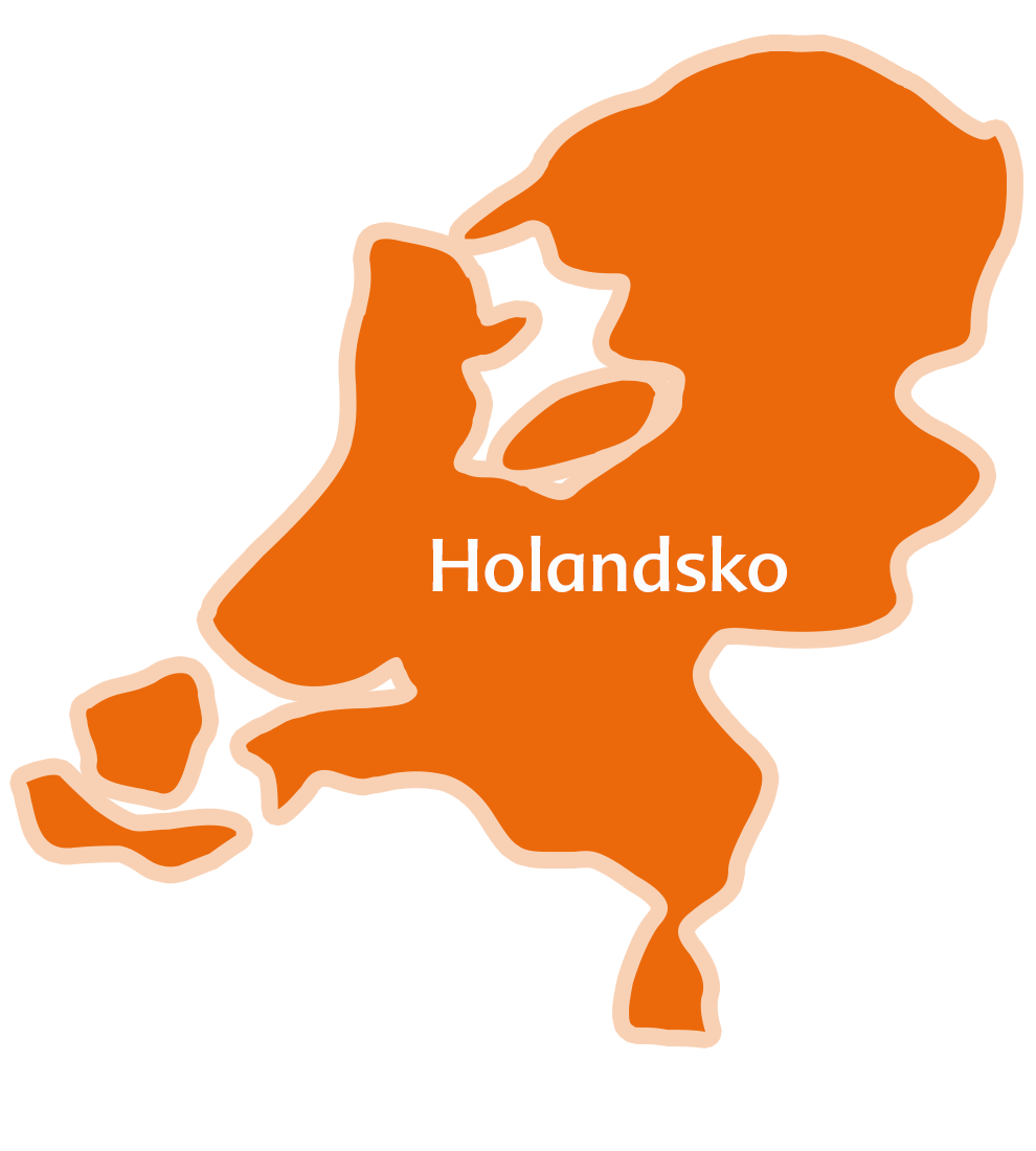 Silueta geografického tvaru vyplnená oranžovou farbou, uprostred nápis "Holandsko".