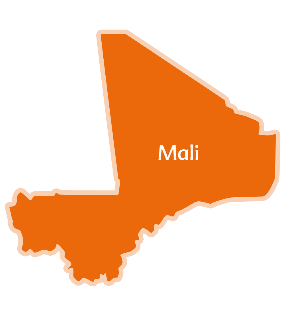 Siluetová mapa Mali, krajiny v západnej Afrike, s bielym nápisom "Mali".