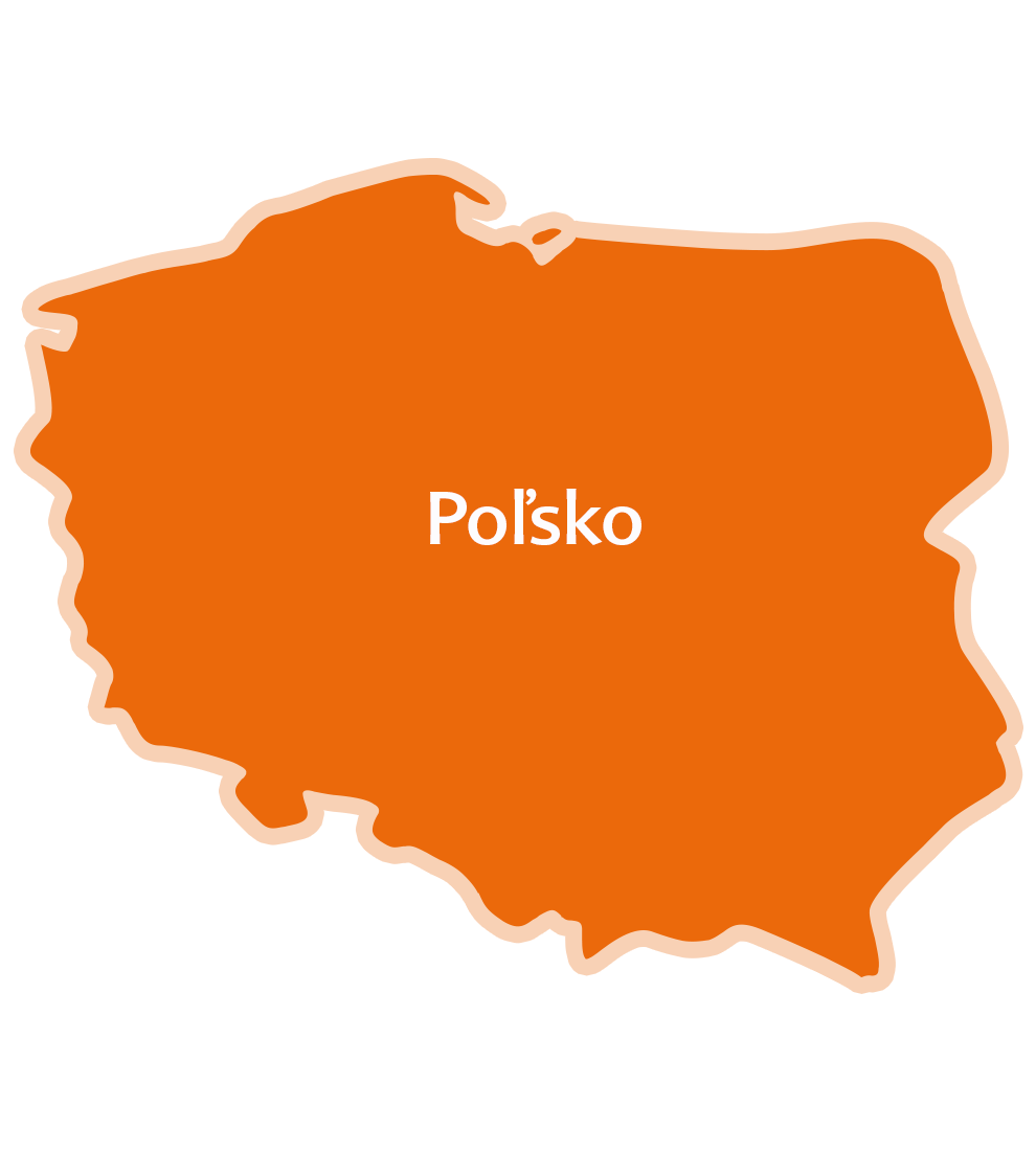 Zjednodušená mapa Poľska s nápisom "Polsko" v strede.
