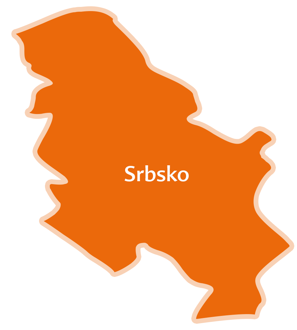 Siluetová mapa krajiny s hlavným mestom označeným ako "Srbisko".