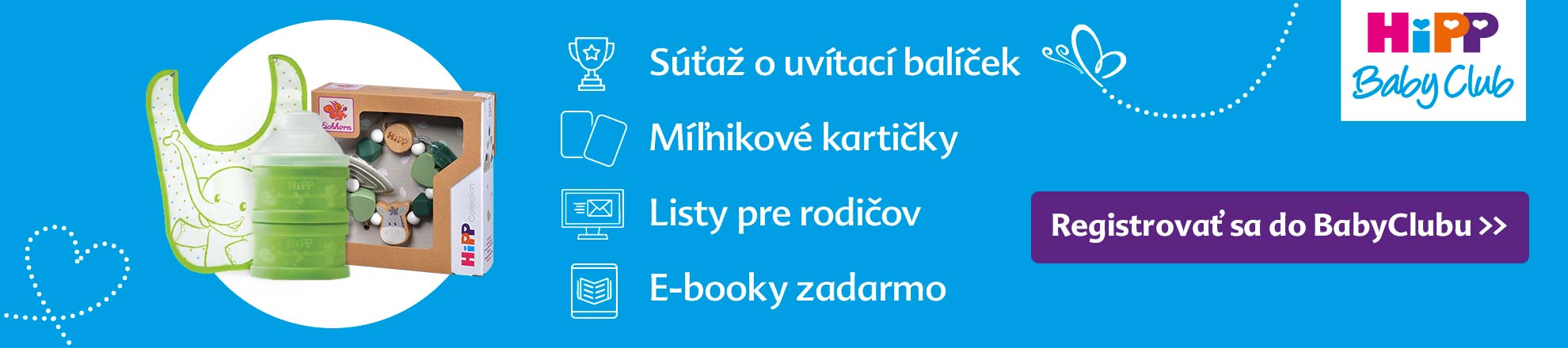 Propagačný banner pre "HiPP Baby Club" so zameraním na detské výrobky vrátane podbradníka a fľaše, doplnený výzvou na registráciu.