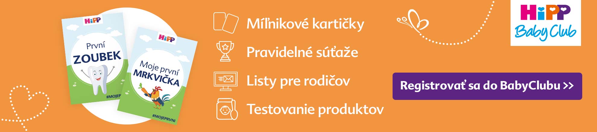 Propagačný banner pre "HiPP Baby Club" so zvýraznenými štyrmi hlavnými funkciami vrátane tlačidla na registráciu.