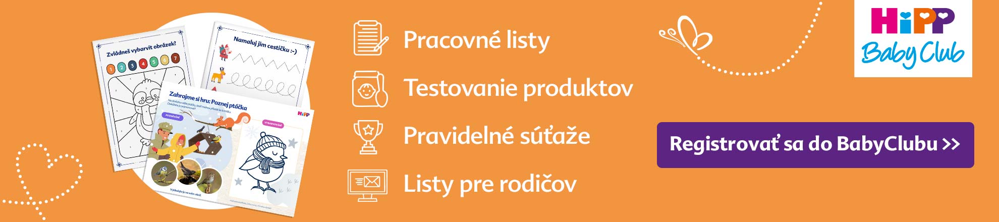 Propagačný banner pre "HiPP Baby Club" so štyrmi odlišnými časťami, z ktorých každá je doplnená ikonou, a tlačidlom s výzvou na akciu označeným "Registrovat sa do Baby Clubu".