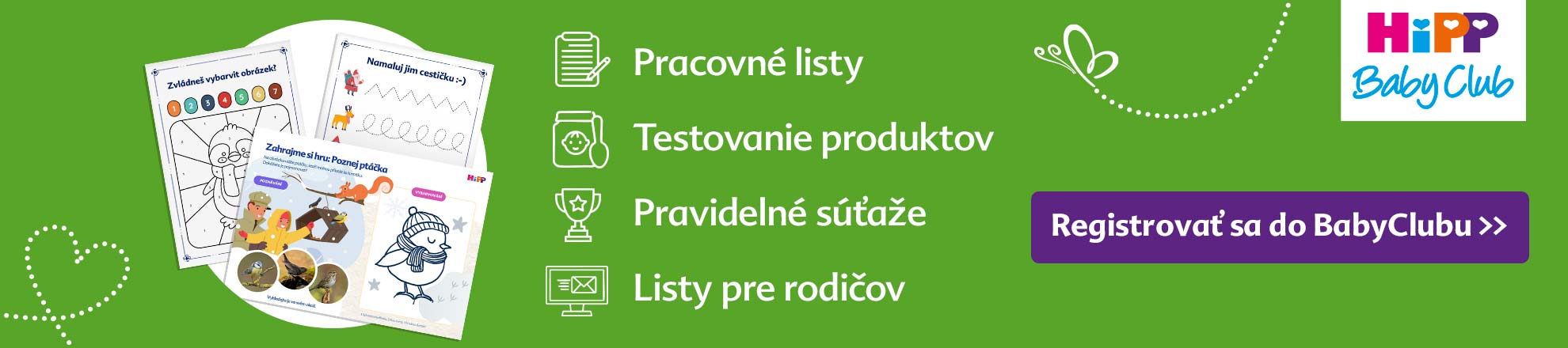 Propagačný banner pre "HiPP Baby Club" so štyrmi samostatnými časťami, z ktorých každá je doplnená ikonou a tlačidlom vyzývajúcim na registráciu.
