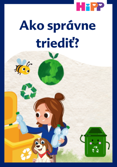 Mladé dievča hádže plastovú fľašu do odpadkového koša, v blízkosti sa vznáša včela a pozoruje ju pes.