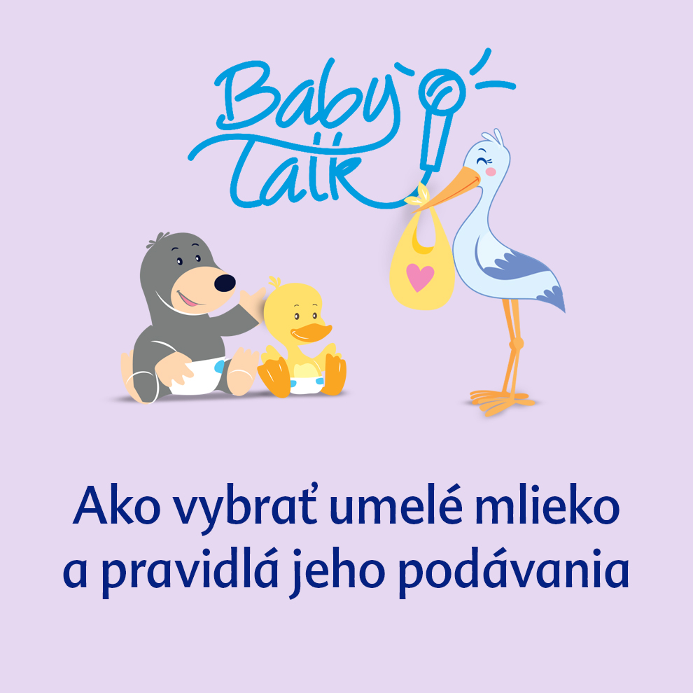 Bocian nesie balíček so srdiečkom, medveď a kačka sedia spolu a text pod ním naznačuje pokyny pre nových rodičov.