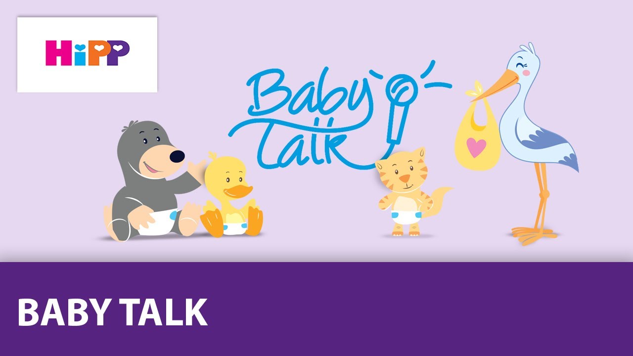 Bocian držiaci balíček so srdiečkom, medveď, kačička a tigríča, všetko pod textom "Baby Talk" s logom "HiPP" vľavo hore.
